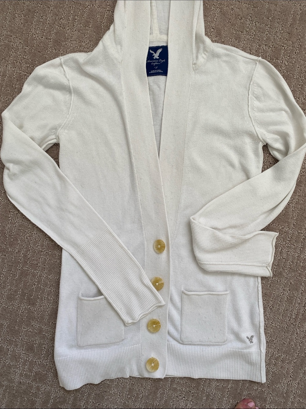 American Eagle Outfitters Cream Hooded Cardigan with Gold Buttons